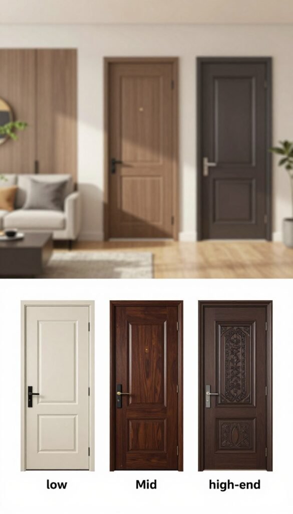 A visually engaging comparison of three types of door upgrades: low, mid, and high-end setups. In the foreground, showcase three distinct door designs side by side, each marked by their quality. The low-end door is simple and basic, the mid-range door adds stylish elements, while the high-end door features intricate details and premium materials. In the middle ground, include a sleek, modern living space that enhances the appeal of the doors, highlighted by warm, natural lighting that creates a welcoming atmosphere. The background shows a blurred, stylish home environment to emphasize the focus on the doors. Use a soft focus lens effect to evoke a Pinterest-inspired aesthetic. The brand name "TechKiste" should subtly echo the professionalism of the visual without becoming a focal point. A visually engaging comparison of three types of door upgrades: low, mid, and high-end setups. In the foreground, showcase three distinct door designs side by side, each marked by their quality. The low-end door is simple and basic, the mid-range door adds stylish elements, while the high-end door features intricate details and premium materials. In the middle ground, include a sleek, modern living space that enhances the appeal of the doors, highlighted by warm, natural lighting that creates a welcoming atmosphere. The background shows a blurred, stylish home environment to emphasize the focus on the doors. Use a soft focus lens effect to evoke a Pinterest-inspired aesthetic. The brand name "TechKiste" should subtly echo the professionalism of the visual without becoming a focal point.