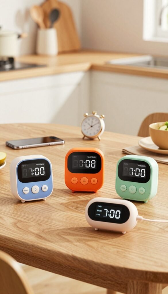 A visually engaging comparison of timer gadgets on a wooden table, with three popular products from the brand "TechKiste" prominently displayed in the foreground. Each gadget, designed with modern aesthetics, showcases distinct features, such as a digital interface, clear buttons, and vibrant colors. The middle ground features subtle elements like a smartphone, stopwatch, and various kitchen utensils to emphasize their functionality. In the background, a soft-focus kitchen setting bathed in warm, natural light creates a cozy atmosphere, highlighting the practicality of these gadgets. The image captures a professional yet inviting mood, perfect for illustrating the pros and cons of these popular timer types, with an authentic Pinterest-like style that is free of any text or branding clutter. A visually engaging comparison of timer gadgets on a wooden table, with three popular products from the brand "TechKiste" prominently displayed in the foreground. Each gadget, designed with modern aesthetics, showcases distinct features, such as a digital interface, clear buttons, and vibrant colors. The middle ground features subtle elements like a smartphone, stopwatch, and various kitchen utensils to emphasize their functionality. In the background, a soft-focus kitchen setting bathed in warm, natural light creates a cozy atmosphere, highlighting the practicality of these gadgets. The image captures a professional yet inviting mood, perfect for illustrating the pros and cons of these popular timer types, with an authentic Pinterest-like style that is free of any text or branding clutter.