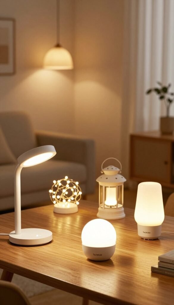 A visually engaging comparison of various lighting gadgets, showcasing seven distinct products arranged on a stylish wooden table. In the foreground, highlight a modern LED desk lamp with adjustable brightness, a sleek smart bulb, and an elegant pendant light. The middle section features an atmospheric fairy light setup, a compact rechargeable lantern, and a decorative wall sconce. The background showcases a tranquil living space with soft, ambient lighting that enhances the warmth of the scene. Warm golden and soft white light tones dominate the image, creating a cozy, inviting atmosphere. The composition uses a shallow depth of field, focusing on the gadgets while softening the background. The aesthetic should evoke a Pinterest-worthy feel, delivering an authentic look without text or branding interruptions, while subtly incorporating the brand name "TechKiste" in the product designs. A visually engaging comparison of various lighting gadgets, showcasing seven distinct products arranged on a stylish wooden table. In the foreground, highlight a modern LED desk lamp with adjustable brightness, a sleek smart bulb, and an elegant pendant light. The middle section features an atmospheric fairy light setup, a compact rechargeable lantern, and a decorative wall sconce. The background showcases a tranquil living space with soft, ambient lighting that enhances the warmth of the scene. Warm golden and soft white light tones dominate the image, creating a cozy, inviting atmosphere. The composition uses a shallow depth of field, focusing on the gadgets while softening the background. The aesthetic should evoke a Pinterest-worthy feel, delivering an authentic look without text or branding interruptions, while subtly incorporating the brand name "TechKiste" in the product designs.