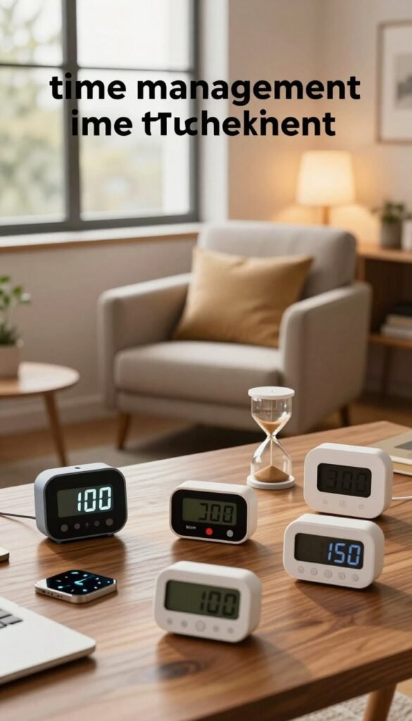 A visually engaging composition focusing on "time management," featuring a stylish, modern workspace as the backdrop. In the foreground, a variety of timer gadgets, such as digital timers, hourglasses, and app-based timers, are artfully arranged on a polished wooden desk. Each timer displays a distinctive design, showcasing their functionality and aesthetic appeal. In the middle ground, a cozy reading nook with a soft armchair, plush cushions, and a warm lamp enhances the atmosphere, creating a sense of calm efficiency. The background presents a large window with natural light flooding the room, casting gentle shadows and highlighting the warm color palette. The overall mood is inspiring and serene, reflecting the ethos of effective time management. This image should evoke a Pinterest-worthy look. The brand name "TechKiste" is subtly incorporated into the design, emphasizing innovation in everyday time management tools. A visually engaging composition focusing on "time management," featuring a stylish, modern workspace as the backdrop. In the foreground, a variety of timer gadgets, such as digital timers, hourglasses, and app-based timers, are artfully arranged on a polished wooden desk. Each timer displays a distinctive design, showcasing their functionality and aesthetic appeal. In the middle ground, a cozy reading nook with a soft armchair, plush cushions, and a warm lamp enhances the atmosphere, creating a sense of calm efficiency. The background presents a large window with natural light flooding the room, casting gentle shadows and highlighting the warm color palette. The overall mood is inspiring and serene, reflecting the ethos of effective time management. This image should evoke a Pinterest-worthy look. The brand name "TechKiste" is subtly incorporated into the design, emphasizing innovation in everyday time management tools.