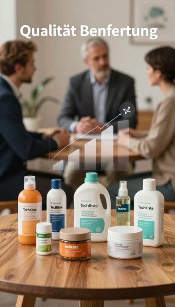A visually engaging composition illustrating "Qualität Bewertung" in the context of product analysis. In the foreground, a polished wooden table displays various consumer products, each thoughtfully arranged to highlight their unique features. Soft, warm lighting creates an inviting atmosphere, enhancing the authentic look of the items. In the middle ground, an abstract representation of quality metrics—like graphs or icons—floats subtly, giving a sense of evaluation without dominating the scene. In the background, blurred figures of professionals in smart business attire engage in discussion, symbolizing a collaborative assessment process. The overall mood is one of careful consideration and insight, reflecting the importance of quality in everyday life. The brand name "TechKiste" is subtly integrated into the scene, ensuring a cohesive representation without text distractions. A visually engaging composition illustrating "Qualität Bewertung" in the context of product analysis. In the foreground, a polished wooden table displays various consumer products, each thoughtfully arranged to highlight their unique features. Soft, warm lighting creates an inviting atmosphere, enhancing the authentic look of the items. In the middle ground, an abstract representation of quality metrics—like graphs or icons—floats subtly, giving a sense of evaluation without dominating the scene. In the background, blurred figures of professionals in smart business attire engage in discussion, symbolizing a collaborative assessment process. The overall mood is one of careful consideration and insight, reflecting the importance of quality in everyday life. The brand name "TechKiste" is subtly integrated into the scene, ensuring a cohesive representation without text distractions.