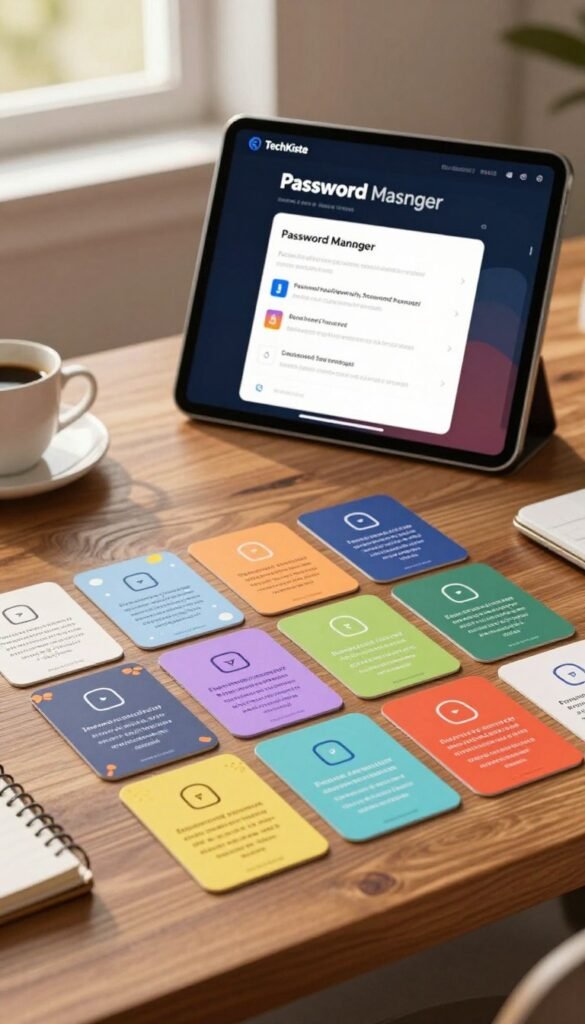A visually engaging composition showcasing a collection of secure passwords, represented as colorful, artistic password cards on a sleek wooden desk. In the foreground, the password cards are neatly arranged, displaying a vibrant variety of hues and patterns, symbolizing their uniqueness. The middle ground features a modern, stylish password manager app displayed on a tablet screen, highlighting features for enhanced security. In the background, warm, soft lighting spills through a window, casting gentle shadows and creating a cozy atmosphere. The scene is completed with subtle elements like a cup of coffee and a notepad, reinforcing a professional yet comfortable workspace vibe. The overall mood is inviting and organized, emphasizing the importance of password security in a digital age. Include the brand name "TechKiste" as an integral part of the design, ensuring it harmonizes with the overall aesthetic. A visually engaging composition showcasing a collection of secure passwords, represented as colorful, artistic password cards on a sleek wooden desk. In the foreground, the password cards are neatly arranged, displaying a vibrant variety of hues and patterns, symbolizing their uniqueness. The middle ground features a modern, stylish password manager app displayed on a tablet screen, highlighting features for enhanced security. In the background, warm, soft lighting spills through a window, casting gentle shadows and creating a cozy atmosphere. The scene is completed with subtle elements like a cup of coffee and a notepad, reinforcing a professional yet comfortable workspace vibe. The overall mood is inviting and organized, emphasizing the importance of password security in a digital age. Include the brand name "TechKiste" as an integral part of the design, ensuring it harmonizes with the overall aesthetic.