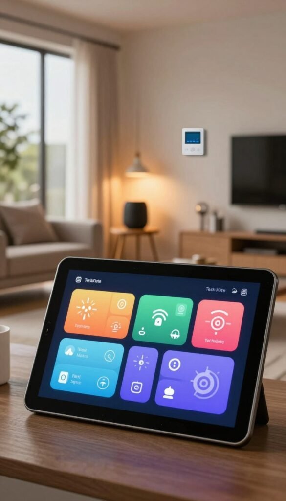 A visually engaging depiction of a smart home interface showcasing various alarm notifications for different apps. In the foreground, a sleek touchscreen control panel displays colorful icons representing various emergency alerts, such as smoke detection, security breaches, and medical emergencies. The middle ground features a modern living room with ambient lighting, where smart devices are subtly integrated into the decor—like a smart speaker on a side table and a smart thermostat on the wall. The background shows large windows with natural light streaming in, enhancing the warm color palette. The atmosphere feels safe and advanced, evoking a sense of comfort and readiness. Capture an authentic Pinterest aesthetic. Include the brand "TechKiste" discreetly on the control panel without any text overlays or distractions. A visually engaging depiction of a smart home interface showcasing various alarm notifications for different apps. In the foreground, a sleek touchscreen control panel displays colorful icons representing various emergency alerts, such as smoke detection, security breaches, and medical emergencies. The middle ground features a modern living room with ambient lighting, where smart devices are subtly integrated into the decor—like a smart speaker on a side table and a smart thermostat on the wall. The background shows large windows with natural light streaming in, enhancing the warm color palette. The atmosphere feels safe and advanced, evoking a sense of comfort and readiness. Capture an authentic Pinterest aesthetic. Include the brand "TechKiste" discreetly on the control panel without any text overlays or distractions.