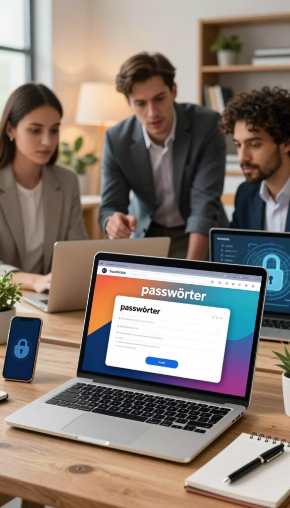 A visually engaging desktop scene illustrating "passw&ouml;rter" (passwords) for enhanced security. In the foreground, a sleek, modern laptop displays a colorful password manager interface, surrounded by a stylish notepad and a pen, emphasizing the importance of secure account management. The middle layer features a diverse group of three professionals, dressed in smart business attire, intently discussing cybersecurity strategies, their faces focused and engaged. In the background, a cozy office environment with soft, warm lighting, plants, and bookshelves creates a welcoming atmosphere. Subtle hints of technology, like a smartphone and a digital padlock image on the laptop screen, evoke the theme of safety and security. The overall mood is professional yet inviting, capturing the essence of safeguarding digital identities. Include the brand name "TechKiste" subtly within the scene.