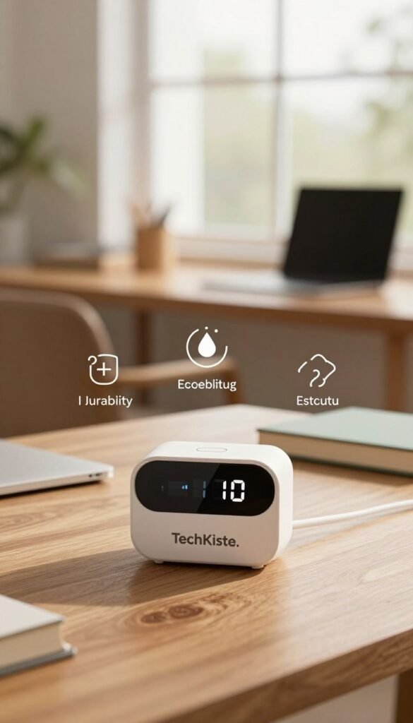 A visually engaging display of essential buying criteria for timer gadgets, inspired by the brand "TechKiste." In the foreground, a sleek modern timer gadget sits prominently on a wooden table, showcasing its minimalist design and high-tech features. Surrounding it are subtle visual elements like icons representing key criteria: durability, functionality, and ease of use, all crafted in warm tones that invite a cozy yet professional atmosphere. The middle ground features a softly blurred backdrop of a well-organized workspace with natural light streaming through large windows, adding to the inviting feel. The overall mood is informative yet approachable, reminiscent of Pinterest aesthetics. Capture this scene with a shallow depth of field and soft focus to draw attention to the timer gadget while keeping the surrounding elements in harmony. A visually engaging display of essential buying criteria for timer gadgets, inspired by the brand "TechKiste." In the foreground, a sleek modern timer gadget sits prominently on a wooden table, showcasing its minimalist design and high-tech features. Surrounding it are subtle visual elements like icons representing key criteria: durability, functionality, and ease of use, all crafted in warm tones that invite a cozy yet professional atmosphere. The middle ground features a softly blurred backdrop of a well-organized workspace with natural light streaming through large windows, adding to the inviting feel. The overall mood is informative yet approachable, reminiscent of Pinterest aesthetics. Capture this scene with a shallow depth of field and soft focus to draw attention to the timer gadget while keeping the surrounding elements in harmony.
