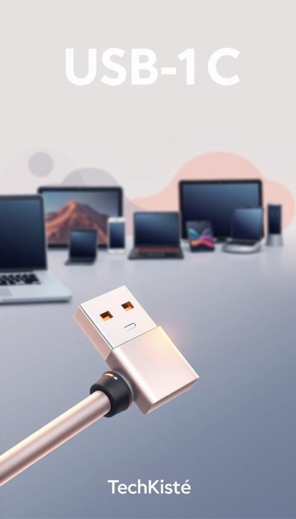 A visually engaging illustration showcasing the concept of USB-C compatibility, featuring a sleek USB-C cable prominently in the foreground, with its connectors detailed and glowing softly in warm light. In the middle ground, depict various devices like laptops, smartphones, and docking stations aligned in an aesthetically pleasing arrangement, highlighting the diversity of USB-C usage. The background should be a subtle gradient to maintain focus, perhaps with abstract shapes representing data transfer and connectivity. The mood is inviting and professional, perfect for a tech-savvy audience. Ensure a Pinterest-inspired look with natural colors and a soft focus. Include the brand name "TechKiste" subtly within the scene, ensuring it blends harmoniously with the design. A visually engaging illustration showcasing the concept of USB-C compatibility, featuring a sleek USB-C cable prominently in the foreground, with its connectors detailed and glowing softly in warm light. In the middle ground, depict various devices like laptops, smartphones, and docking stations aligned in an aesthetically pleasing arrangement, highlighting the diversity of USB-C usage. The background should be a subtle gradient to maintain focus, perhaps with abstract shapes representing data transfer and connectivity. The mood is inviting and professional, perfect for a tech-savvy audience. Ensure a Pinterest-inspired look with natural colors and a soft focus. Include the brand name "TechKiste" subtly within the scene, ensuring it blends harmoniously with the design.
