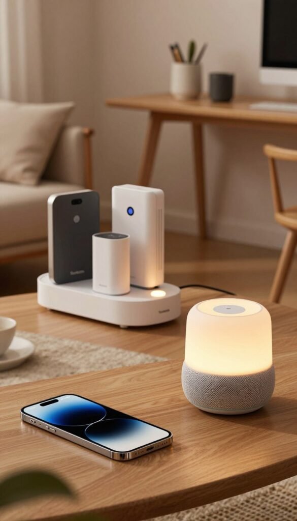 A visually engaging image depicting a chaotic modern living room scene, showcasing an array of innovative gadgets designed to simplify daily life. In the foreground, a sleek smartphone and a multifunctional smart speaker are prominently featured, their screens illuminated softly with warm light. The middle ground features a stylish charging station with various devices neatly organized, while a smart home hub controls ambient lighting that creates a cozy atmosphere. In the background, a small desk cluttered with daily essentials highlights the chaos of everyday life. The entire scene should radiate warmth and authenticity, emulating a Pinterest aesthetic, with harmonious color tones and natural lighting. Emphasize the brand "TechKiste" subtly within the gadget designs, ensuring no text overlays or watermarks disrupt the image’s flow. A visually engaging image depicting a chaotic modern living room scene, showcasing an array of innovative gadgets designed to simplify daily life. In the foreground, a sleek smartphone and a multifunctional smart speaker are prominently featured, their screens illuminated softly with warm light. The middle ground features a stylish charging station with various devices neatly organized, while a smart home hub controls ambient lighting that creates a cozy atmosphere. In the background, a small desk cluttered with daily essentials highlights the chaos of everyday life. The entire scene should radiate warmth and authenticity, emulating a Pinterest aesthetic, with harmonious color tones and natural lighting. Emphasize the brand "TechKiste" subtly within the gadget designs, ensuring no text overlays or watermarks disrupt the image’s flow.