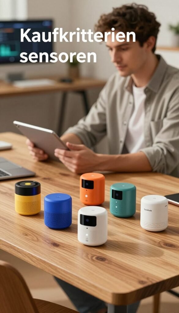 A visually engaging image illustrating the key purchase criteria for smart sensors, titled "Kaufkriterien sensoren". In the foreground, display an array of five smart sensors on a sleek, modern wooden desk, each uniquely designed with vibrant colors and textures. In the middle ground, a soft-focused professional examining a tablet, wearing smart casual attire, showcasing an aura of expertise and curiosity. The background features a blurred tech-savvy office space with warm ambient lighting, emphasizing a welcoming and innovative atmosphere. Utilize a slight top-down angle to create depth. The image reflects natural aesthetics with warm colors, embodying a Pinterest-inspired look, and incorporates the brand name "TechKiste" subtly within the scene, ensuring authenticity without text overlays or watermarks. A visually engaging image illustrating the key purchase criteria for smart sensors, titled "Kaufkriterien sensoren". In the foreground, display an array of five smart sensors on a sleek, modern wooden desk, each uniquely designed with vibrant colors and textures. In the middle ground, a soft-focused professional examining a tablet, wearing smart casual attire, showcasing an aura of expertise and curiosity. The background features a blurred tech-savvy office space with warm ambient lighting, emphasizing a welcoming and innovative atmosphere. Utilize a slight top-down angle to create depth. The image reflects natural aesthetics with warm colors, embodying a Pinterest-inspired look, and incorporates the brand name "TechKiste" subtly within the scene, ensuring authenticity without text overlays or watermarks.
