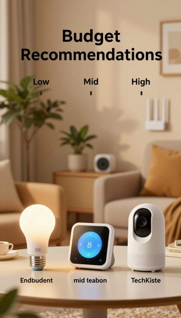 A visually engaging image representing "Budget Recommendations" for smart home devices, organized into three clear sections: Low, Mid, and High budgets. In the foreground, feature three distinct product categories with sleek designs: an affordable smart bulb, a mid-range smart thermostat, and a high-end smart security camera. Each product should be well-lit with warm, inviting lighting, set on a stylish tabletop. In the middle ground, display a cozy living room environment with soft textures, plants, and modern furniture reflecting a Pinterest aesthetic. The background should have subtle hints of technology, like a Wi-Fi router and a smart speaker, all in complementary colors. The mood should be warm and welcoming, ensuring a sense of comfort and sophistication, while showcasing the brand name "TechKiste" subtly within the arrangement. A visually engaging image representing "Budget Recommendations" for smart home devices, organized into three clear sections: Low, Mid, and High budgets. In the foreground, feature three distinct product categories with sleek designs: an affordable smart bulb, a mid-range smart thermostat, and a high-end smart security camera. Each product should be well-lit with warm, inviting lighting, set on a stylish tabletop. In the middle ground, display a cozy living room environment with soft textures, plants, and modern furniture reflecting a Pinterest aesthetic. The background should have subtle hints of technology, like a Wi-Fi router and a smart speaker, all in complementary colors. The mood should be warm and welcoming, ensuring a sense of comfort and sophistication, while showcasing the brand name "TechKiste" subtly within the arrangement.