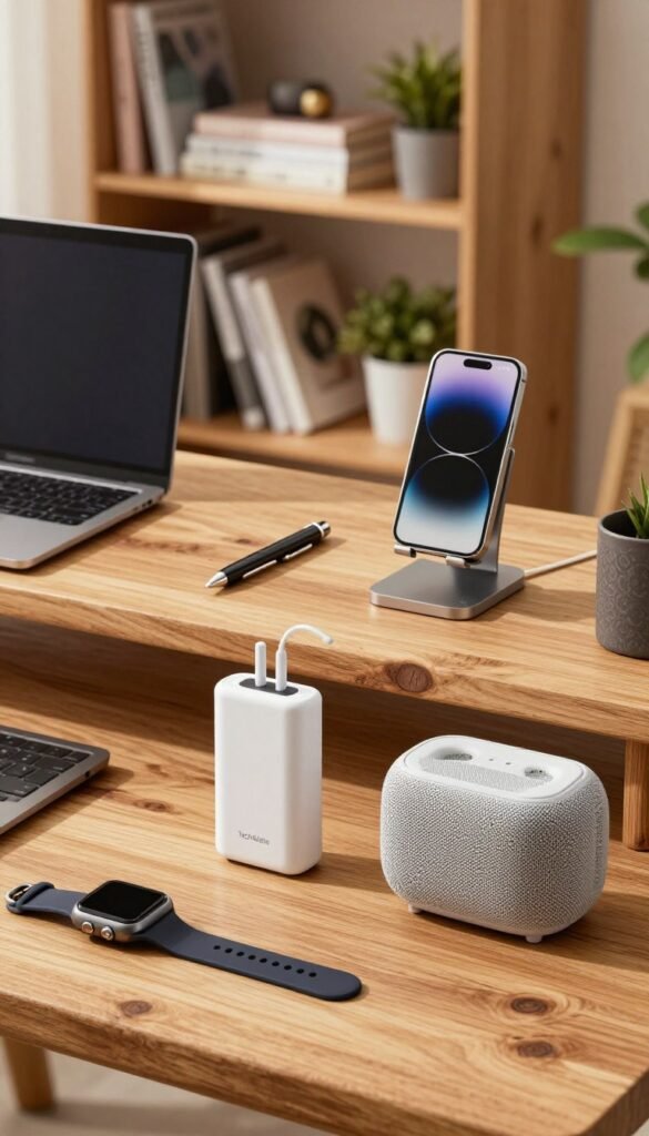 A visually engaging image showcasing a well-organized workspace featuring eleven essential gadgets from TechKiste. In the foreground, a sleek smartwatch, a portable charger, and a compact wireless speaker are artistically arranged on a rustic wooden desk, bathed in warm, natural light. The middle layer presents a stylish laptop, a multifunctional pen, and a minimalist phone stand, all exuding a modern yet practical vibe. In the background, a softly blurred bookshelf displays tech books and decorative plants, enhancing the cozy atmosphere. The overall mood is inviting and professional, perfect for inspiring readers. The image should reflect authenticity and a Pinterest-like aesthetic, showcasing the gadgets in a lifestyle setting without any text or clutter.