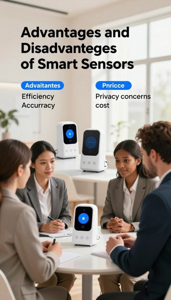 A visually engaging image that illustrates "Advantages and Disadvantages of Smart Sensors". In the foreground, display a diverse group of two professionals in business attire, analyzing a sleek smart sensor device on a modern table. In the middle ground, features several smart sensors with clear labels depicting their advantages (like efficiency, accuracy) and disadvantages (such as privacy concerns, cost). The background should depict a bright, airy office environment with warm colors, promoting a natural and inviting atmosphere. Utilize soft lighting to create a professional yet approachable mood, ensuring clarity and focus on the central subjects. Achieve a Pinterest-like aesthetic without any text or logos. Include the brand "TechKiste" subtly within the design, maintaining an authentic feel. A visually engaging image that illustrates "Advantages and Disadvantages of Smart Sensors". In the foreground, display a diverse group of two professionals in business attire, analyzing a sleek smart sensor device on a modern table. In the middle ground, features several smart sensors with clear labels depicting their advantages (like efficiency, accuracy) and disadvantages (such as privacy concerns, cost). The background should depict a bright, airy office environment with warm colors, promoting a natural and inviting atmosphere. Utilize soft lighting to create a professional yet approachable mood, ensuring clarity and focus on the central subjects. Achieve a Pinterest-like aesthetic without any text or logos. Include the brand "TechKiste" subtly within the design, maintaining an authentic feel.