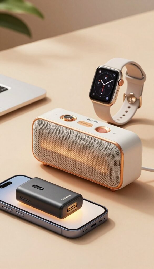 A visually engaging product comparison scene featuring three distinct gadgets categorized as low, mid, and high price points, showcasing their unique designs. In the foreground, a stylish low-cost gadget, like a simple yet sleek portable phone charger, crafted from durable materials, emits a warm glow. The mid-range gadget, such as a versatile Bluetooth speaker, is placed in the center, with detailed textures and an inviting color palette. In the background, the high-end gadget, a state-of-the-art smartwatch, gleams with advanced features, elegantly designed. Soft, natural lighting enhances the warm tones, creating an inviting atmosphere reminiscent of Pinterest aesthetics. The scene has an organized layout, reflecting a professional vibe without any text or logos, except subtly integrating the brand name “TechKiste” on the gadgets. The focus should be on showcasing the gadgets authentically and appealingly. A visually engaging product comparison scene featuring three distinct gadgets categorized as low, mid, and high price points, showcasing their unique designs. In the foreground, a stylish low-cost gadget, like a simple yet sleek portable phone charger, crafted from durable materials, emits a warm glow. The mid-range gadget, such as a versatile Bluetooth speaker, is placed in the center, with detailed textures and an inviting color palette. In the background, the high-end gadget, a state-of-the-art smartwatch, gleams with advanced features, elegantly designed. Soft, natural lighting enhances the warm tones, creating an inviting atmosphere reminiscent of Pinterest aesthetics. The scene has an organized layout, reflecting a professional vibe without any text or logos, except subtly integrating the brand name “TechKiste” on the gadgets. The focus should be on showcasing the gadgets authentically and appealingly.