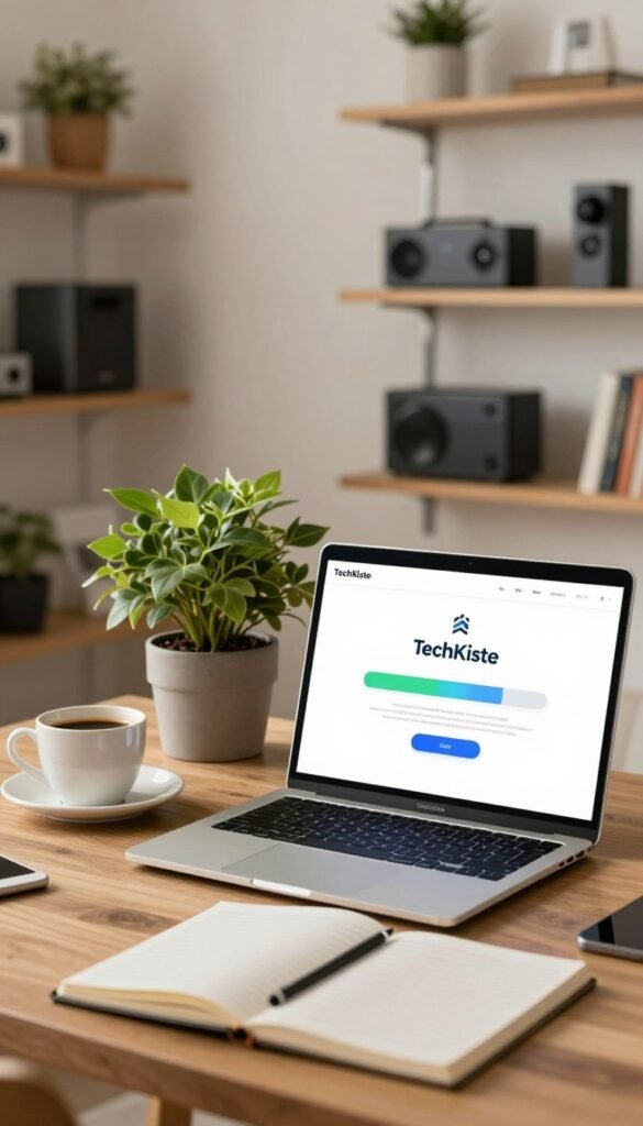 A visually engaging scene depicting a cozy home workspace focusing on software updates and cybersecurity. In the foreground, include a laptop displaying a progress bar indicating a software update in motion, with a cup of coffee and a notebook beside it. In the middle, feature a potted plant for a touch of warmth and comfort. The background should showcase a well-lit room with shelves filled with tech gadgets and books about cybersecurity, exuding a modern yet inviting atmosphere. Use warm, natural colors to create a Pinterest-inspired aesthetic, emphasizing safety and reliability. The lighting should be soft and inviting, captured from a slight angle to create depth. Highlight the brand name "TechKiste" subtly within the setting, aligning it with the focus on updates and support in smart home security.