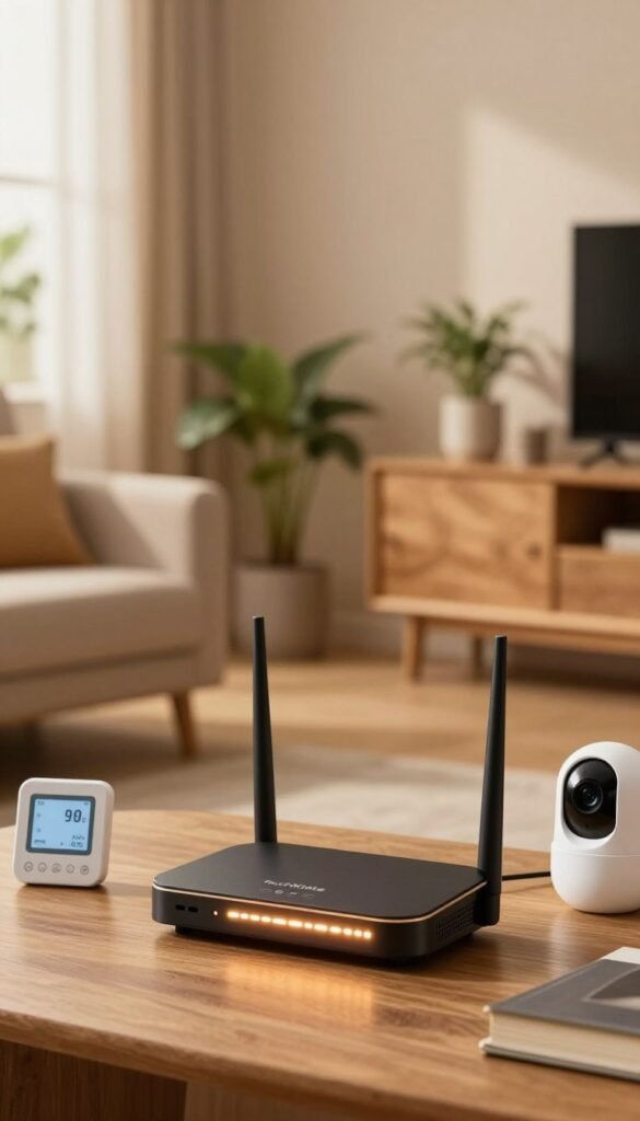 A visually engaging scene illustrating common vulnerabilities in a smart home network. In the foreground, a sleek modern Wi-Fi router is prominently displayed, with blinking lights that emit a warm glow. Surrounding it are various smart devices, such as a thermostat and security camera, subtly hinting at their interconnectedness. The middle ground features blended wooden furniture and houseplants, creating a cozy atmosphere. In the background, a softly lit living room is visible, showcasing modern decor and a window allowing gentle daylight to filter in, enhancing the inviting environment. The overall mood is warm and inviting, capturing the essence of a connected home while subtly highlighting security concerns. Include the brand name "TechKiste" creatively integrated into the scene, ensuring an authentic Pinterest look.