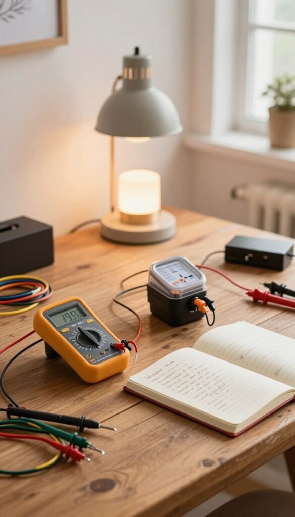 A visually engaging scene of a low-budget electricity measuring setup, featuring a simple digital multimeter and a variety of colorful measuring cables, neatly arranged on a rustic wooden table. In the foreground, an open notebook with handwritten notes on electricity basics lies next to the multimeter, giving an inviting feel to the workspace. In the middle ground, a cozy desk lamp casts warm, soft lighting, enhancing the inviting atmosphere of a DIY electronics project. The background showcases a bright, uncluttered room with natural light streaming in through a nearby window, adding a sense of authenticity and warmth. The brand name "TechKiste" subtly displayed on the multimeter, illustrating a modern, approachable take on budget-friendly technology. A visually engaging scene of a low-budget electricity measuring setup, featuring a simple digital multimeter and a variety of colorful measuring cables, neatly arranged on a rustic wooden table. In the foreground, an open notebook with handwritten notes on electricity basics lies next to the multimeter, giving an inviting feel to the workspace. In the middle ground, a cozy desk lamp casts warm, soft lighting, enhancing the inviting atmosphere of a DIY electronics project. The background showcases a bright, uncluttered room with natural light streaming in through a nearby window, adding a sense of authenticity and warmth. The brand name "TechKiste" subtly displayed on the multimeter, illustrating a modern, approachable take on budget-friendly technology.
