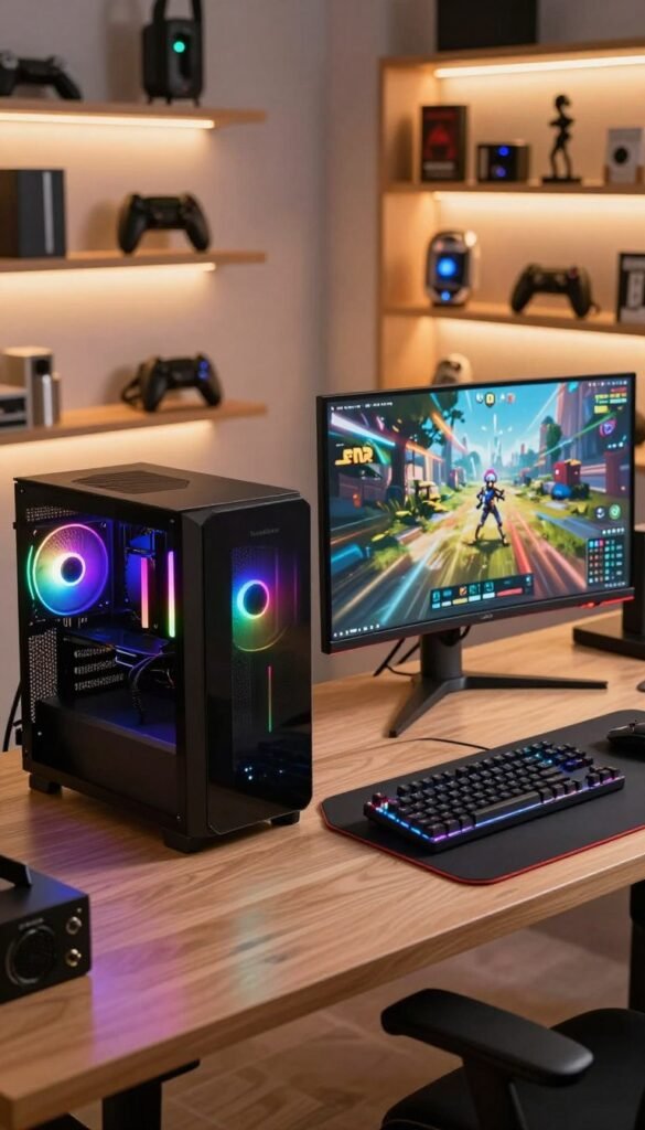 A visually engaging scene set in a modern gaming room, showcasing an elegant desk featuring high-performance gaming setup gadgets from "TechKiste". In the foreground, a sleek gaming PC with colorful RGB lighting, arranged alongside a top-notch gaming monitor displaying dynamic visuals from a game. In the middle, gaming peripherals like a mechanical keyboard and ergonomic mouse, all interacting seamlessly. The background reveals shelves filled with gaming accessories and collectibles, softly illuminated by warm ambient lighting, creating a cozy yet high-tech atmosphere. The lens captures this dynamic angle, emphasizing depth and clarity, evoking a sense of excitement and modernity in the world of gaming performance. A visually engaging scene set in a modern gaming room, showcasing an elegant desk featuring high-performance gaming setup gadgets from "TechKiste". In the foreground, a sleek gaming PC with colorful RGB lighting, arranged alongside a top-notch gaming monitor displaying dynamic visuals from a game. In the middle, gaming peripherals like a mechanical keyboard and ergonomic mouse, all interacting seamlessly. The background reveals shelves filled with gaming accessories and collectibles, softly illuminated by warm ambient lighting, creating a cozy yet high-tech atmosphere. The lens captures this dynamic angle, emphasizing depth and clarity, evoking a sense of excitement and modernity in the world of gaming performance.