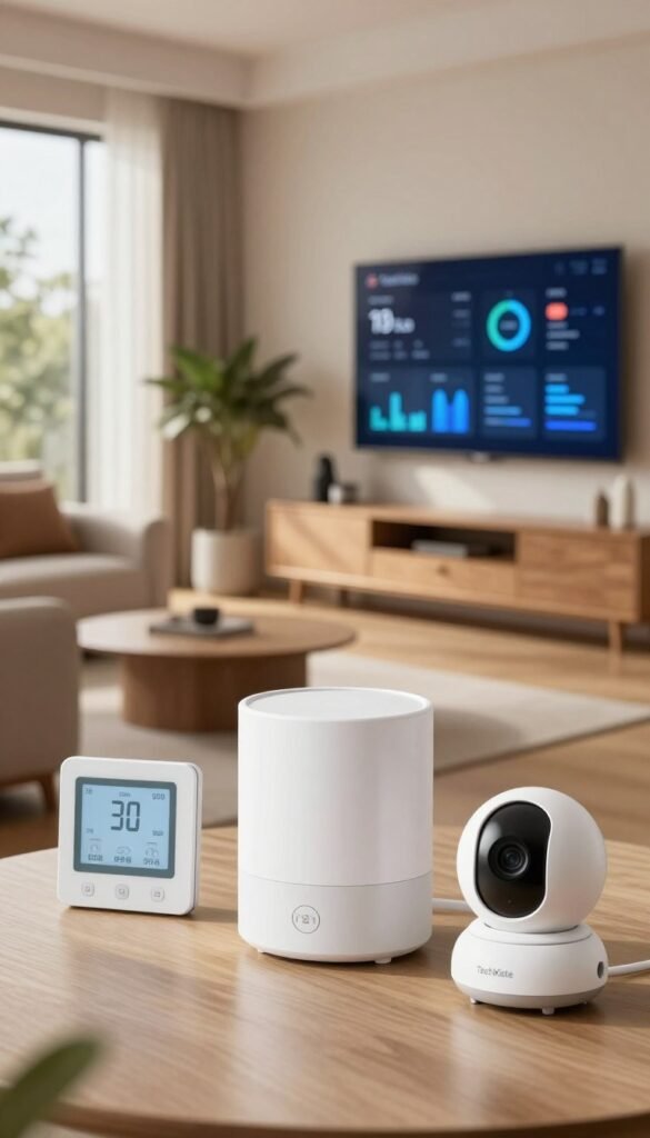 A visually engaging scene showcasing the essential cost drivers of smart home systems. In the foreground, display various smart devices like a thermostat, smart lights, and a security camera, each labeled with subtle icons indicating their price contributions. The middle ground features a stylish living room setting, with soft natural lighting filtering through large windows, casting warm tones across the space, highlighting a modern, cozy atmosphere. In the background, a sleek digital dashboard is visible, projecting cost analytics and optimizing options. The overall mood conveys clarity and professionalism, reminiscent of Pinterest aesthetics. Include a discreet brand logo for "TechKiste" integrated into the design, ensuring the image feels authentic and polished, free of any text or overlays. A visually engaging scene showcasing the essential cost drivers of smart home systems. In the foreground, display various smart devices like a thermostat, smart lights, and a security camera, each labeled with subtle icons indicating their price contributions. The middle ground features a stylish living room setting, with soft natural lighting filtering through large windows, casting warm tones across the space, highlighting a modern, cozy atmosphere. In the background, a sleek digital dashboard is visible, projecting cost analytics and optimizing options. The overall mood conveys clarity and professionalism, reminiscent of Pinterest aesthetics. Include a discreet brand logo for "TechKiste" integrated into the design, ensuring the image feels authentic and polished, free of any text or overlays.