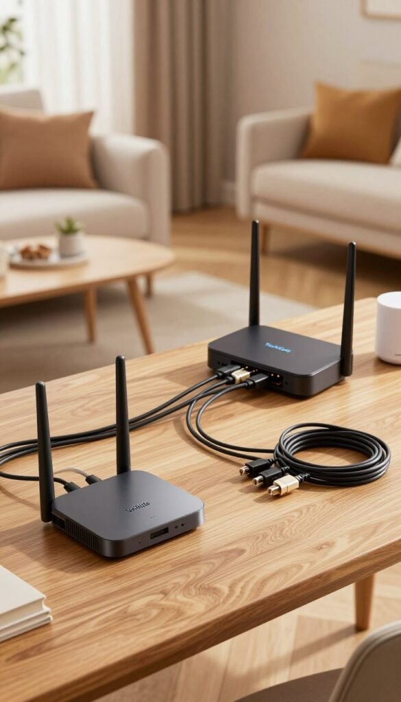A visually striking comparison between wireless and wired systems for home upgrades. In the foreground, a sleek wireless adapter and smart home devices showcased on a modern wooden desk, illuminated by warm, natural light. The middle layer features a neatly arranged set of cables, connectors, and a traditional router, highlighting the contrast between both systems. In the background, a contemporary living room setup with soft color tones and tasteful decor, evoking a cozy atmosphere. The overall scene is captured with a slightly elevated angle, giving a sense of depth, while maintaining clarity on both the wireless and wired components. The image embodies a professional yet inviting mood, suitable for homeowners exploring upgrade options. Include a subtle branding element of "TechKiste" integrated into the design. A visually striking comparison between wireless and wired systems for home upgrades. In the foreground, a sleek wireless adapter and smart home devices showcased on a modern wooden desk, illuminated by warm, natural light. The middle layer features a neatly arranged set of cables, connectors, and a traditional router, highlighting the contrast between both systems. In the background, a contemporary living room setup with soft color tones and tasteful decor, evoking a cozy atmosphere. The overall scene is captured with a slightly elevated angle, giving a sense of depth, while maintaining clarity on both the wireless and wired components. The image embodies a professional yet inviting mood, suitable for homeowners exploring upgrade options. Include a subtle branding element of "TechKiste" integrated into the design.