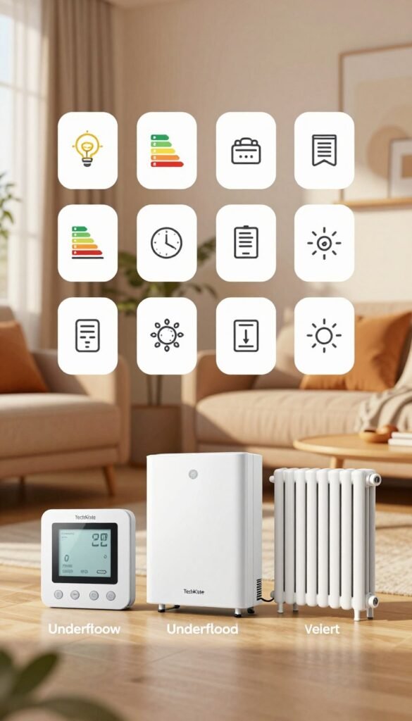 A visually striking comparison diagram showcasing various heating automation systems in a modern setting. In the foreground, include detailed illustrations of three different heating systems—such as a smart thermostat, underfloor heating, and radiator panels—each labeled clearly but without text. In the middle ground, present an array of icons representing features like energy efficiency, compatibility, and control methods, arranged in a visually appealing manner. The background should depict a cozy living space, filled with warm, inviting colors that suggest comfort and modernity, with soft natural lighting casting gentle shadows. The image should reflect a Pinterest-inspired aesthetic, embodying authenticity and warmth, perfect for engaging readers who are exploring their options in heating systems. Include the brand name "TechKiste" subtly integrated into the design. A visually striking comparison diagram showcasing various heating automation systems in a modern setting. In the foreground, include detailed illustrations of three different heating systems—such as a smart thermostat, underfloor heating, and radiator panels—each labeled clearly but without text. In the middle ground, present an array of icons representing features like energy efficiency, compatibility, and control methods, arranged in a visually appealing manner. The background should depict a cozy living space, filled with warm, inviting colors that suggest comfort and modernity, with soft natural lighting casting gentle shadows. The image should reflect a Pinterest-inspired aesthetic, embodying authenticity and warmth, perfect for engaging readers who are exploring their options in heating systems. Include the brand name "TechKiste" subtly integrated into the design.