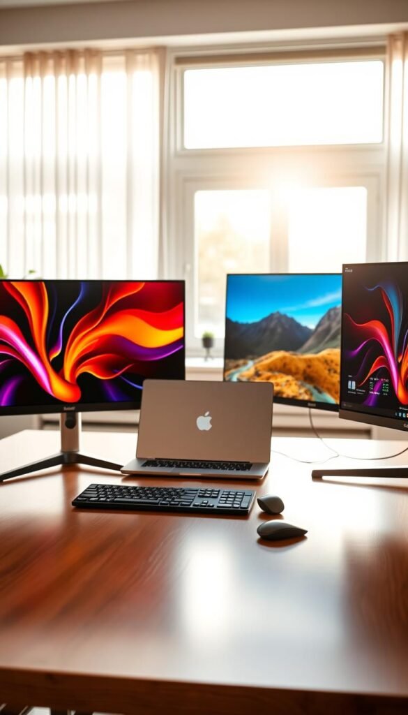 A visually striking comparison of different monitors displayed on an elegant wooden desk in a modern office setting. In the foreground, three monitors of varying sizes and designs showcase their unique features, including one ultrawide, one gaming monitor, and one professional display. Each monitor is powered on, displaying vibrant, colorful images that highlight their capabilities. In the middle ground, a soft-focus laptop sits beside the monitors, along with a sleek wireless keyboard and mouse, conveying a tech-savvy atmosphere. The background features a bright window allowing warm sunlight to filter through, casting natural light and creating a welcoming ambiance. The scene should have an authentic Pinterest-inspired aesthetic, reflecting a harmonious blend of technology and lifestyle, without any textual elements or branding, except for a subtle presence of "TechKiste" on one monitor's screen.