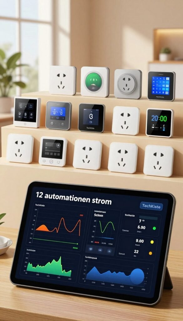 A visually striking composition depicting "12 automationen strom" for an article about energy-saving automation techniques. In the foreground, showcase a sleek digital dashboard displaying various automation setups, with colorful graphs and energy consumption metrics. The middle ground features twelve distinct energy-saving automation devices, designed elegantly with a modern aesthetic &mdash; smart plugs, thermostat sensors, and LED controllers, all in warm tones to evoke a friendly atmosphere. The background should include hints of a contemporary office space with soft natural lighting pouring through large windows, creating a warm and inviting mood. The brand name "TechKiste" should be subtly integrated into the image design, ensuring it feels authentic and in sync with the overall ambiance, while maintaining a Pinterest-worthy look by emphasizing natural colors and textures.