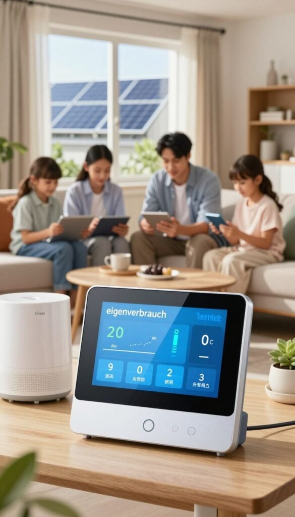 A visually striking depiction of "eigenverbrauch," illustrating energy consumption in a modern household setting. In the foreground, a smart energy monitoring device displays real-time data, surrounded by eco-friendly appliances. In the middle ground, a family is engaged with technology, using tablets or smartphones to track their energy usage, dressed in professional business attire. The background features a bright, airy living room filled with sunlight, showcasing solar panels viewed through a window, emphasizing renewable energy. Warm colors provide an inviting atmosphere, while soft, natural lighting creates a sense of authenticity. The brand name "TechKiste" subtly integrated into the design reflects innovation in energy monitoring. A visually striking depiction of "eigenverbrauch," illustrating energy consumption in a modern household setting. In the foreground, a smart energy monitoring device displays real-time data, surrounded by eco-friendly appliances. In the middle ground, a family is engaged with technology, using tablets or smartphones to track their energy usage, dressed in professional business attire. The background features a bright, airy living room filled with sunlight, showcasing solar panels viewed through a window, emphasizing renewable energy. Warm colors provide an inviting atmosphere, while soft, natural lighting creates a sense of authenticity. The brand name "TechKiste" subtly integrated into the design reflects innovation in energy monitoring.