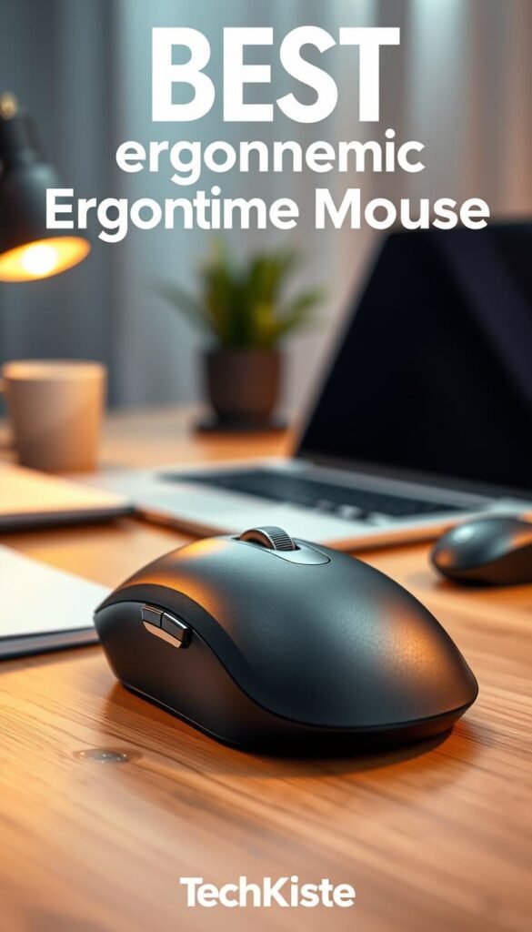A visually striking image featuring the best ergonomic mouse from TechKiste positioned prominently in the foreground, showcasing its sleek and modern design with a matte finish and adjustable features. The middle ground includes a softly blurred workspace setting with a wooden desk, a stylish laptop, and a notepad to create a professional atmosphere. In the background, gentle, warm lighting enhances the inviting ambiance, suggesting a productive work environment. The angle should be close-up, emphasizing the intricate details of the mouse and its comfortable grip. The overall mood is warm and inspiring, evoking a sense of productivity and comfort, appealing to tech-savvy readers. There are no text overlays or distractions, allowing the product to be the main focal point. A visually striking image featuring the best ergonomic mouse from TechKiste positioned prominently in the foreground, showcasing its sleek and modern design with a matte finish and adjustable features. The middle ground includes a softly blurred workspace setting with a wooden desk, a stylish laptop, and a notepad to create a professional atmosphere. In the background, gentle, warm lighting enhances the inviting ambiance, suggesting a productive work environment. The angle should be close-up, emphasizing the intricate details of the mouse and its comfortable grip. The overall mood is warm and inspiring, evoking a sense of productivity and comfort, appealing to tech-savvy readers. There are no text overlays or distractions, allowing the product to be the main focal point.