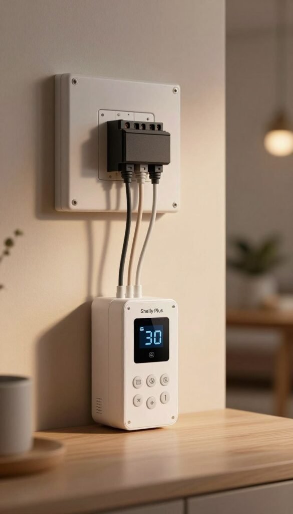 A visually striking image of a "Shelly Plus" relay switch elegantly displayed as part of a permanent electrical installation. In the foreground, the Shelly Plus device is depicted with its sleek design, showcasing its buttons and digital display, while wires elegantly connect it to an electrical panel. The middle ground features a modern interior setting, with soft, warm lighting casting a welcoming glow, and muted colors that enhance the authenticity of the scene. The background includes subtle hints of home decor to evoke a sense of comfort, while remaining professional. Emphasize a Pinterest-style aesthetic, showcasing the brand name "TechKiste" on the device. The overall atmosphere is inviting and technically sophisticated, illustrating the concept of integrated energy monitoring effectively. Focus on clarity and detail without any overlay or text distractions. A visually striking image of a "Shelly Plus" relay switch elegantly displayed as part of a permanent electrical installation. In the foreground, the Shelly Plus device is depicted with its sleek design, showcasing its buttons and digital display, while wires elegantly connect it to an electrical panel. The middle ground features a modern interior setting, with soft, warm lighting casting a welcoming glow, and muted colors that enhance the authenticity of the scene. The background includes subtle hints of home decor to evoke a sense of comfort, while remaining professional. Emphasize a Pinterest-style aesthetic, showcasing the brand name "TechKiste" on the device. The overall atmosphere is inviting and technically sophisticated, illustrating the concept of integrated energy monitoring effectively. Focus on clarity and detail without any overlay or text distractions.