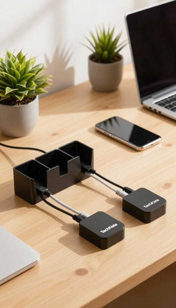 A visually striking image of a modern desk scene showcasing effective cable management, conveying the essence of "Kabelchaos" resolved. In the foreground, neatly organized cables flow into stylish, branded cable organizers from "TechKiste," highlighting creativity in design. The middle ground features a sleek desk setup with gadgets like a laptop, smartphone, and a potted plant, contrasted by warm, inviting colors that evoke a cozy atmosphere. In the background, soft natural light filters through a window, creating pleasant shadows and highlighting the simplicity of the organized workspace. The overall mood is professional yet approachable, emphasizing the tranquility brought by proper cable management, with no text or distractions in the visual.