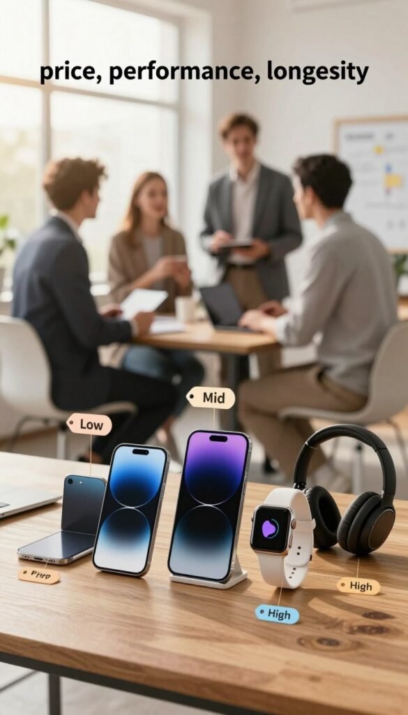 A visually striking image representing the theme of "price, performance, longevity" for gadgets. In the foreground, a collection of gadgets such as smartphones, smartwatches, and headphones arranged on a wooden table, showcasing various price points from low to high budget. Each gadget is distinctly labeled with small, aesthetic tags indicating 'Low', 'Mid', and 'High' budgets. In the middle ground, blurred silhouettes of professionals in smart business attire engaging in tech discussions. The background features a bright, airy office space with warm, natural light streaming in through large windows, creating a cozy atmosphere. The overall mood is one of professionalism and innovation, capturing the essence of thoughtful purchasing decisions. This image should align with the branding of "TechKiste" without any text or watermarks. A visually striking image representing the theme of "price, performance, longevity" for gadgets. In the foreground, a collection of gadgets such as smartphones, smartwatches, and headphones arranged on a wooden table, showcasing various price points from low to high budget. Each gadget is distinctly labeled with small, aesthetic tags indicating 'Low', 'Mid', and 'High' budgets. In the middle ground, blurred silhouettes of professionals in smart business attire engaging in tech discussions. The background features a bright, airy office space with warm, natural light streaming in through large windows, creating a cozy atmosphere. The overall mood is one of professionalism and innovation, capturing the essence of thoughtful purchasing decisions. This image should align with the branding of "TechKiste" without any text or watermarks.