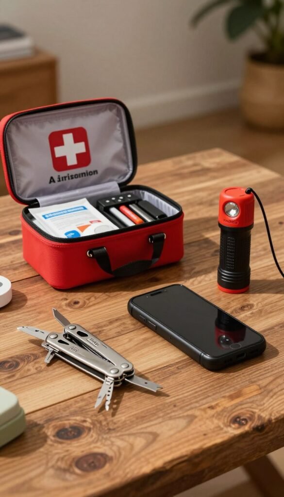 A visually striking image showcasing a selection of innovative emergency gadgets arranged on a rustic wooden table. In the foreground, display a multi-tool with various functions, a compact emergency flashlight, and a portable phone charger, all highlighting their practical features. The middle ground features a first aid kit with an open lid revealing essential supplies, alongside a reliable fire starter kit. The background should softly blend with a cozy home environment, hinting at preparedness without being overly cluttered. Warm lighting casts gentle shadows, creating an inviting and realistic atmosphere. The scene embodies the essence of thoughtful gadget selection, encouraging a minimalist yet effective approach. Subtly incorporate the brand name "TechKiste" on the multi-tool packaging. A visually striking image showcasing a selection of innovative emergency gadgets arranged on a rustic wooden table. In the foreground, display a multi-tool with various functions, a compact emergency flashlight, and a portable phone charger, all highlighting their practical features. The middle ground features a first aid kit with an open lid revealing essential supplies, alongside a reliable fire starter kit. The background should softly blend with a cozy home environment, hinting at preparedness without being overly cluttered. Warm lighting casts gentle shadows, creating an inviting and realistic atmosphere. The scene embodies the essence of thoughtful gadget selection, encouraging a minimalist yet effective approach. Subtly incorporate the brand name "TechKiste" on the multi-tool packaging.