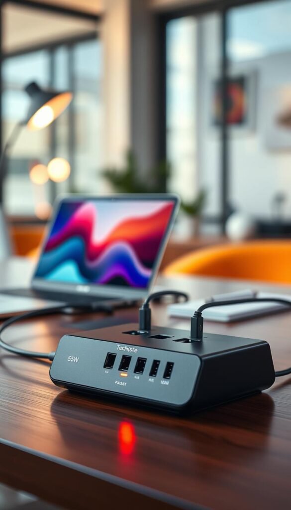 A visually striking image showcasing the concept of Power Delivery in a modern tech context. In the foreground, a sleek, high-end docking station labeled "TechKiste" is prominently displayed, featuring various ports and a glowing indicator showing power output (65W and 100W). The middle ground captures a laptop connected to the docking station, with a smooth, elegant cable linking them, emphasizing the idea of efficient power transfer. In the background, a softly lit workspace, arranged with warm colors and natural light, creates a professional atmosphere, inviting for tech enthusiasts. Use a shallow depth of field to focus on the docking station, creating a bokeh effect around the workspace, enhancing the modern and sophisticated mood, with no distractions from text or graphics. A visually striking image showcasing the concept of Power Delivery in a modern tech context. In the foreground, a sleek, high-end docking station labeled "TechKiste" is prominently displayed, featuring various ports and a glowing indicator showing power output (65W and 100W). The middle ground captures a laptop connected to the docking station, with a smooth, elegant cable linking them, emphasizing the idea of efficient power transfer. In the background, a softly lit workspace, arranged with warm colors and natural light, creates a professional atmosphere, inviting for tech enthusiasts. Use a shallow depth of field to focus on the docking station, creating a bokeh effect around the workspace, enhancing the modern and sophisticated mood, with no distractions from text or graphics.