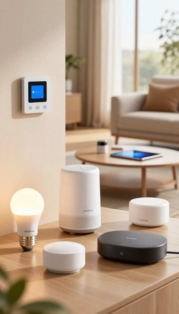 A visually striking image showcasing various Zigbee and Z-Wave devices in a modern, tech-savvy home environment. In the foreground, prominently display sleek smart home gadgets like light bulbs, sensors, and a compact hub from the brand "TechKiste," all with a polished finish and warm, inviting colors. In the middle ground, depict a cozy living room setting with smart devices integrated into everyday objects, such as a smart thermostat on the wall and a neatly arranged coffee table with smartphones and tablets. The background should feature large windows with soft sunlight filtering in, creating a natural and warm ambiance. The photo should have a shallow depth of field, emphasizing the devices while softly blurring the surroundings, delivering an authentic, Pinterest-worthy aesthetic. A visually striking image showcasing various Zigbee and Z-Wave devices in a modern, tech-savvy home environment. In the foreground, prominently display sleek smart home gadgets like light bulbs, sensors, and a compact hub from the brand "TechKiste," all with a polished finish and warm, inviting colors. In the middle ground, depict a cozy living room setting with smart devices integrated into everyday objects, such as a smart thermostat on the wall and a neatly arranged coffee table with smartphones and tablets. The background should feature large windows with soft sunlight filtering in, creating a natural and warm ambiance. The photo should have a shallow depth of field, emphasizing the devices while softly blurring the surroundings, delivering an authentic, Pinterest-worthy aesthetic.