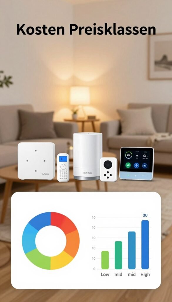 A visually striking infographic illustrating the concept of "Kosten Preisklassen" related to smart home energy savings. In the foreground, display a beautifully designed pie chart and bar graph representing low, mid, and high-budget options, with illustrative icons for each category. The middle layer features images of smart home devices, such as smart thermostats, lighting solutions, and energy monitors, organized by price category. In the background, create a cozy, modern home environment with warm lighting, showcasing these devices elegantly integrated into the living space. Use a soft-focus lens effect to bring a sense of warmth and authenticity, reminiscent of Pinterest aesthetics. The overall mood should be inviting and informative, emphasizing the balance of budget and efficiency in energy-saving technologies. Include the brand name "TechKiste" subtly within the design.
