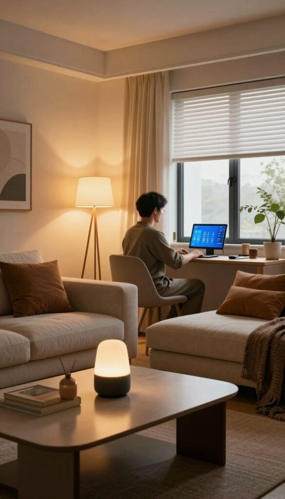 A visually striking, modern "smart home" interior by TechKiste, featuring a cozy, stylish living room with cutting-edge smart lighting in warm tones. In the foreground, a sleek coffee table adorned with a smart speaker and decorative items. The middle ground showcases a comfortable sofa with a subtle tech aesthetic, where a professional individual is engaged in a home office setting dressed in smart-casual attire. The background reveals large windows with natural light flooding in, highlighting automated smart blinds partially open. Soft shadows and a cozy atmosphere enhance the image, creating a welcoming environment that reflects the benefits of smart home technology across various price points. The overall mood is inviting and contemporary, emphasizing the integration of tech in everyday life without any text or branding visible. A visually striking, modern "smart home" interior by TechKiste, featuring a cozy, stylish living room with cutting-edge smart lighting in warm tones. In the foreground, a sleek coffee table adorned with a smart speaker and decorative items. The middle ground showcases a comfortable sofa with a subtle tech aesthetic, where a professional individual is engaged in a home office setting dressed in smart-casual attire. The background reveals large windows with natural light flooding in, highlighting automated smart blinds partially open. Soft shadows and a cozy atmosphere enhance the image, creating a welcoming environment that reflects the benefits of smart home technology across various price points. The overall mood is inviting and contemporary, emphasizing the integration of tech in everyday life without any text or branding visible.