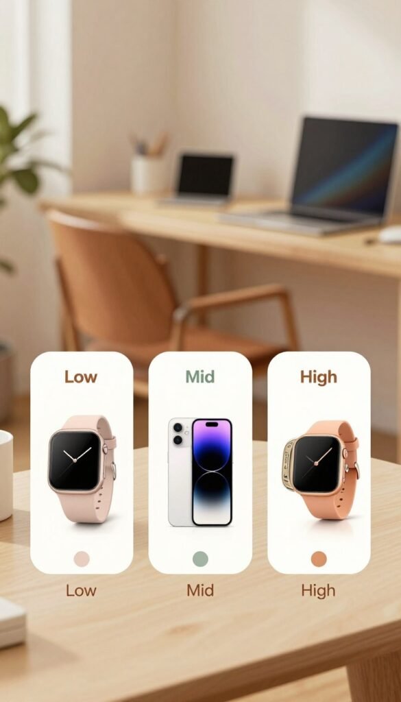 A visually striking overview of three price levels: Low, Mid, and High. In the foreground, showcase three distinct, elegantly arranged product displays representing each price tier, using a blend of modern gadgets and stylish accessories&mdash;each display labeled subtly with color-coded elements to signify price levels without text. In the middle ground, include a warm, inviting workspace with soft natural lighting, giving a comfortable yet professional ambiance. The background features a blurred array of technology-themed items, hinting at innovation and quality. Utilize a shallow depth of field to keep focus on the foreground displays while creating a soft bokeh effect in the background. Aim for a Pinterest-worthy aesthetic with harmonious, warm color tones, embodying authenticity and clarity. Incorporate the brand name "TechKiste" subtly within the composition, ensuring a seamless integration into the overall design.