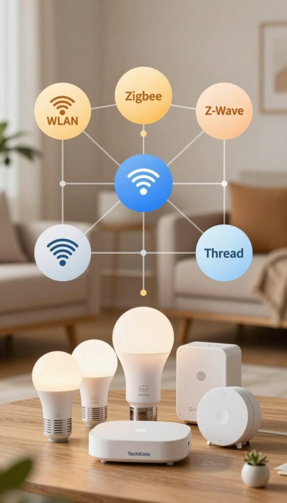 A visually striking representation of the various wireless communication standards for smart homes: WLAN, Zigbee, Z-Wave, and Thread. In the foreground, display sleek, modern devices symbolizing each standard, such as smart bulbs, hubs, and sensors, crafted with a detailed focus on their design. The middle shows an infographic-style arrangement showcasing connection lines and icons that represent data flow, with each technology clearly symbolized in warm, inviting colors. The background should have a soft-focus home environment, featuring contemporary furniture and natural elements, creating a cozy atmosphere. Use soft, diffused lighting to enhance the warmth and authenticity of the scene. Incorporate the brand name "TechKiste" subtly within the design, ensuring no text or logos overshadow the image's theme.