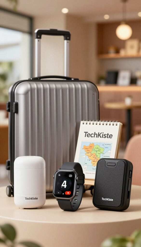 A visually striking scene depicting a selection of innovative travel safety gadgets from the brand "TechKiste." In the foreground, arrange several sleek gadgets such as a portable alarm, smartwatch, and smart luggage tracker, all designed with modern aesthetics. The middle layer features a stylish travel setting, including a neatly packed suitcase and a travel guide, suggesting adventure and exploration. In the background, a warm, inviting travel environment is illustrated with soft lighting, possibly a cozy airport lounge or a vibrant outdoor caf&eacute;. Use a shallow depth of field to focus on the gadgets while allowing the background to exhibit gentle bokeh. The atmosphere exudes a sense of excitement and security, appealing to travelers seeking the best safety tools for their journeys.