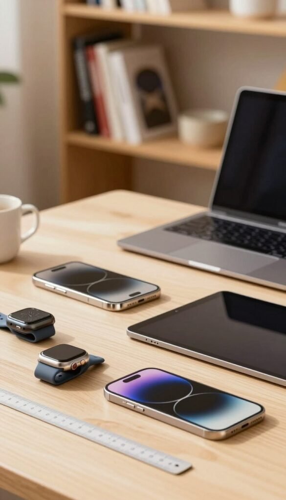 A visually striking still life composition that showcases various tech products, focusing on size, material, and functionality. In the foreground, display an assortment of sleek gadgets, like a smartwatch, smartphone, and tablet, emphasizing their distinct sizes with a ruler or measuring tape subtly integrated. The middle ground features an elegant workspace with warm, natural lighting illuminating the products, showcasing their materials, such as metal and glass. In the background, a soft-focus bookshelf filled with technology-related books adds depth without distraction. The atmosphere should be inviting and professional, reflecting the essence of the conference-room setting, using a warm color palette. Capture this scene with a shallow depth of field, evoking a Pinterest-worthy aesthetic, ensuring the brand name "TechKiste" is subtly represented among the devices without overlay text.