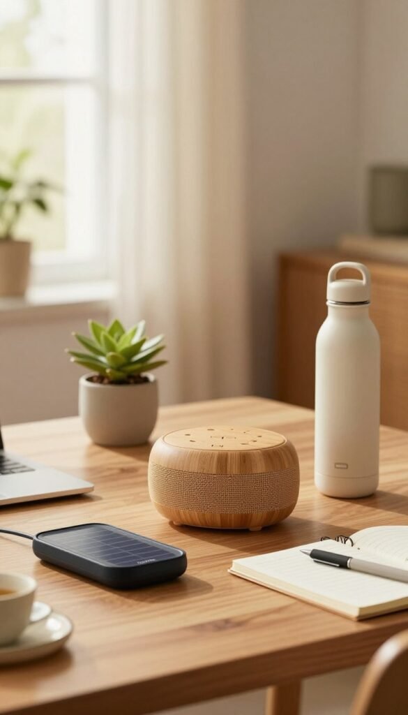 A visually stunning arrangement of sustainable gadgets on a wooden desk in a cozy, well-lit room. In the foreground, a sleek solar-powered charger, a bamboo Bluetooth speaker, and a reusable water bottle with a minimalist design. The middle ground features a small indoor plant and a notepad with a pen, creating an inviting workspace. In the background, a sunlit window with sheer curtains allowing soft, warm light to illuminate the scene. Use a shallow depth of field to focus on the gadgets while the background is gently blurred, enhancing the sense of warmth and tranquility. The overall atmosphere should reflect sustainability and innovation, emulating a Pinterest-worthy aesthetic. The brand "TechKiste" subtly displayed on one gadget without any text overlays.