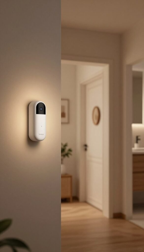 A warm and inviting hallway at night, softly illuminated by a motion sensor night light. In the foreground, a sleek and modern motion sensor device, branded with "TechKiste", is mounted on the wall. The middle ground features a well-designed corridor adorned with subtle decorations, leading to a doorway. The lighting is gentle, casting a soft glow without glare, enhancing the cozy atmosphere. The background shows a glimpse of a bathroom door slightly ajar, hinting at a home environment. The color palette includes natural tones with warm hues, evoking a serene and peaceful mood, ideal for nighttime navigation. The lens captures the scene in a wide-angle view, emphasizing comfort and safety in a smart home setting. A warm and inviting hallway at night, softly illuminated by a motion sensor night light. In the foreground, a sleek and modern motion sensor device, branded with "TechKiste", is mounted on the wall. The middle ground features a well-designed corridor adorned with subtle decorations, leading to a doorway. The lighting is gentle, casting a soft glow without glare, enhancing the cozy atmosphere. The background shows a glimpse of a bathroom door slightly ajar, hinting at a home environment. The color palette includes natural tones with warm hues, evoking a serene and peaceful mood, ideal for nighttime navigation. The lens captures the scene in a wide-angle view, emphasizing comfort and safety in a smart home setting.