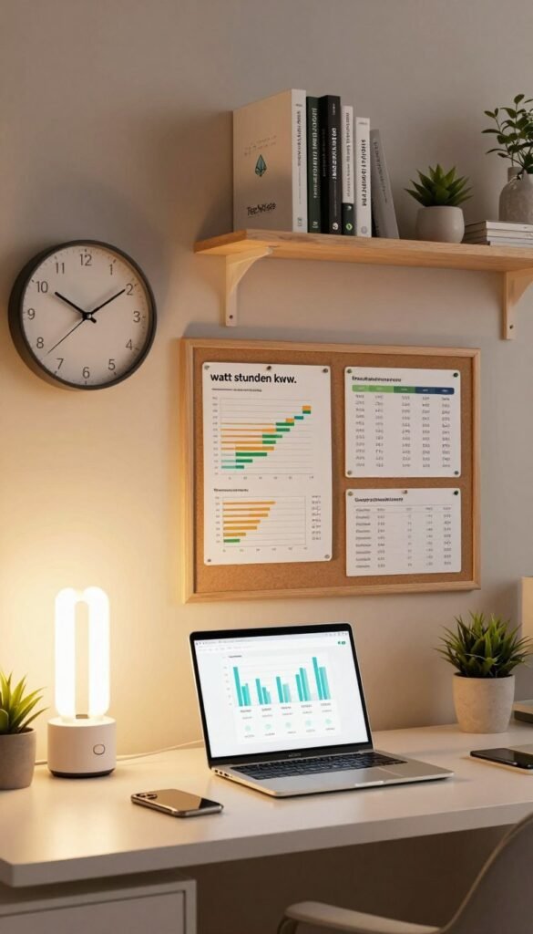 A warm and inviting home office scene that visually represents "watt stunden kwh." In the foreground, a modern desk is adorned with a sleek laptop, a stylish energy-efficient lamp, and a small plant, all bathed in soft ambient light. The middle layer features a stylish wall clock and a bulletin board with neatly pinned energy consumption charts, illustrating daily usage and cost calculations clearly. In the background, a cozy bookshelf filled with tech manuals and eco-friendly decor enhances the workspace. The atmosphere is professional yet comfortable, evoking productivity and efficiency, with warm hues that create a welcoming vibe. Incorporate the brand name "TechKiste" subtly in the design of the workspace elements. The image should maintain a Pinterest-like aesthetic, free of any text, logos, or watermarks. A warm and inviting home office scene that visually represents "watt stunden kwh." In the foreground, a modern desk is adorned with a sleek laptop, a stylish energy-efficient lamp, and a small plant, all bathed in soft ambient light. The middle layer features a stylish wall clock and a bulletin board with neatly pinned energy consumption charts, illustrating daily usage and cost calculations clearly. In the background, a cozy bookshelf filled with tech manuals and eco-friendly decor enhances the workspace. The atmosphere is professional yet comfortable, evoking productivity and efficiency, with warm hues that create a welcoming vibe. Incorporate the brand name "TechKiste" subtly in the design of the workspace elements. The image should maintain a Pinterest-like aesthetic, free of any text, logos, or watermarks.