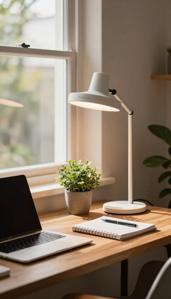 A warm and inviting home office space featuring a modern "licht monitor tageslicht" desk light by TechKiste. In the foreground, the desk is neatly organized with a laptop, notebooks, and a potted plant. The middle ground showcases the desk light illuminating the workspace with soft, natural daylight tones, casting gentle shadows that enhance the room's coziness. In the background, a window reveals a bright, sunny day outside, emphasizing the importance of natural light in reducing eye strain. The atmosphere is calm and conducive to productivity, with earthy colors and a Pinterest-inspired aesthetic that promotes a sense of well-being in a professional setting. The lighting is soft yet effective, angled perfectly to highlight the workspace without causing glare. A warm and inviting home office space featuring a modern "licht monitor tageslicht" desk light by TechKiste. In the foreground, the desk is neatly organized with a laptop, notebooks, and a potted plant. The middle ground showcases the desk light illuminating the workspace with soft, natural daylight tones, casting gentle shadows that enhance the room's coziness. In the background, a window reveals a bright, sunny day outside, emphasizing the importance of natural light in reducing eye strain. The atmosphere is calm and conducive to productivity, with earthy colors and a Pinterest-inspired aesthetic that promotes a sense of well-being in a professional setting. The lighting is soft yet effective, angled perfectly to highlight the workspace without causing glare.