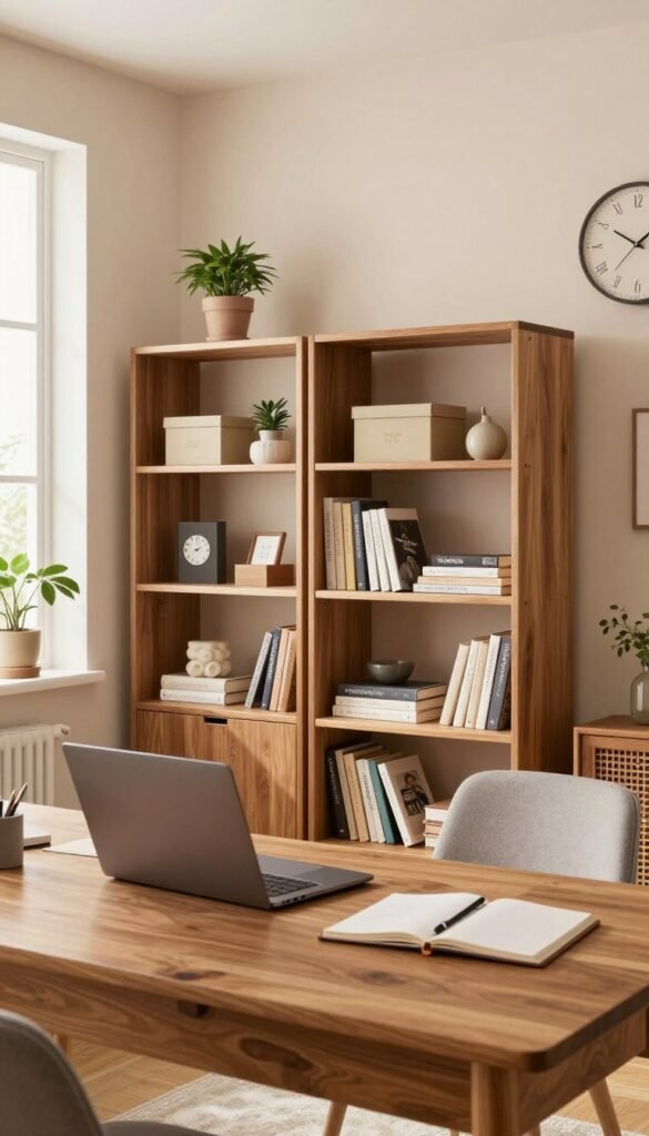 A warm and inviting home office space featuring clever storage solutions designed without the need for extra rooms. In the foreground, a stylish wooden desk clutter-free, equipped with a sleek laptop and a notepad. The middle ground showcases elegant shelving units from the brand "TechKiste," filled with organized books, decorative boxes, and a small indoor plant. In the background, soft natural light pours in through a window, illuminating the space with a cozy ambiance. The walls are painted in soft pastels, complemented by a comfortable chair and an eye-catching wall clock. The overall mood is serene and productive, reflecting a well-organized, aesthetically pleasing work environment. Ensure there are no texts or logos present in the image.