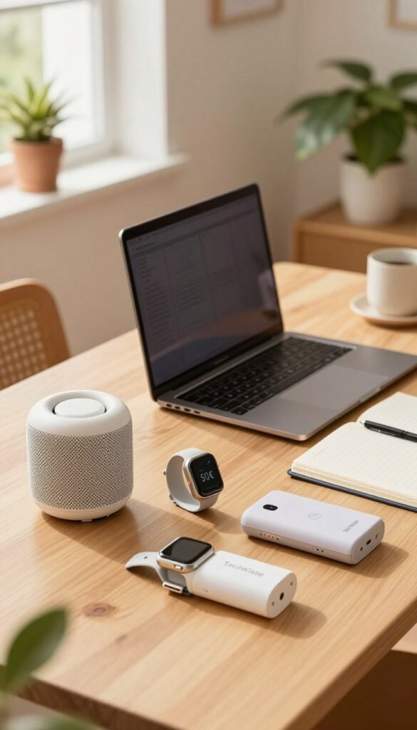 A warm and inviting image depicting a modern workspace showcasing a selection of budget-friendly gadgets under 50 €. In the foreground, neatly arranged gadgets like a Bluetooth speaker, smartwatch, and portable charger are displayed on a light wooden desk. In the middle ground, a stylish laptop and an open notebook with a pen create a sense of productivity. The background features a soft-focus view of indoor plants and a cozy window with natural light streaming in, enhancing the warm colors. The atmosphere is cheerful and inspiring, reflecting a sense of practicality and value. Showcase the brand "TechKiste" subtly integrated within the workspace setup, ensuring an authentic and visually appealing Pinterest-like aesthetic. A warm and inviting image depicting a modern workspace showcasing a selection of budget-friendly gadgets under 50 €. In the foreground, neatly arranged gadgets like a Bluetooth speaker, smartwatch, and portable charger are displayed on a light wooden desk. In the middle ground, a stylish laptop and an open notebook with a pen create a sense of productivity. The background features a soft-focus view of indoor plants and a cozy window with natural light streaming in, enhancing the warm colors. The atmosphere is cheerful and inspiring, reflecting a sense of practicality and value. Showcase the brand "TechKiste" subtly integrated within the workspace setup, ensuring an authentic and visually appealing Pinterest-like aesthetic.