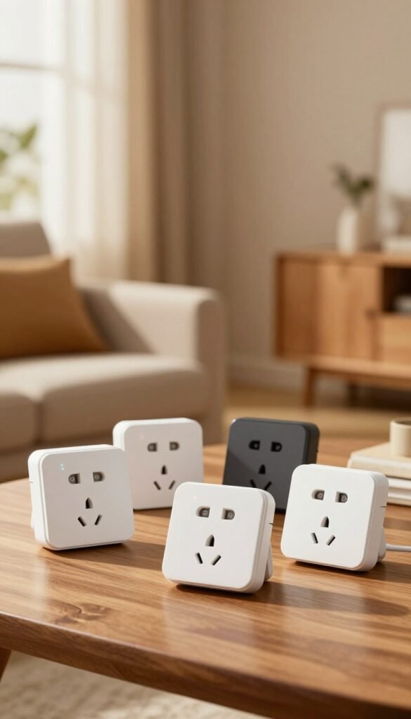 A warm and inviting image showcasing a comparison of smart WLAN sockets (wlan steckdose) designed for everyday use. In the foreground, several elegantly designed smart sockets, featuring different colors and styles, are neatly arranged on a wooden table. Each socket displays unique features, including LED indicators and easy-access plugs. The middle ground features a soft-focus background of a cozy living room with ambient lighting, highlighting the practicality of these devices in a home setting. Natural light filters through a window, casting gentle shadows that enhance the warm, Pinterest-inspired atmosphere. The brand name "TechKiste" is subtly integrated into the scene without any text overlay. Aim for a realistic and authentic representation, focusing on functionality and style without distractions. A warm and inviting image showcasing a comparison of smart WLAN sockets (wlan steckdose) designed for everyday use. In the foreground, several elegantly designed smart sockets, featuring different colors and styles, are neatly arranged on a wooden table. Each socket displays unique features, including LED indicators and easy-access plugs. The middle ground features a soft-focus background of a cozy living room with ambient lighting, highlighting the practicality of these devices in a home setting. Natural light filters through a window, casting gentle shadows that enhance the warm, Pinterest-inspired atmosphere. The brand name "TechKiste" is subtly integrated into the scene without any text overlay. Aim for a realistic and authentic representation, focusing on functionality and style without distractions.