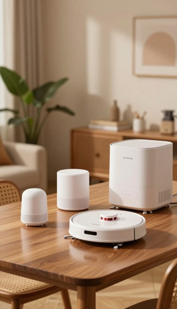 A warm and inviting interior scene showcasing a stylish and modern gadget display, highlighting products that represent low, mid, and high-budget options. In the foreground, three distinct gadgets are elegantly arranged on a sleek wooden table, each with unique features—an affordable smart home device, a mid-range robot vacuum, and a high-end smart kitchen appliance. The middle ground features soft, natural lighting that creates a cozy atmosphere, with subtle reflections on the table's surface. In the background, a softly blurred living space complements the scene, with plants and decorative elements enhancing the Pinterest aesthetic. The brand name "TechKiste" is elegantly placed in a minimalistic way, ensuring it blends seamlessly into the overall composition of the image. A warm and inviting interior scene showcasing a stylish and modern gadget display, highlighting products that represent low, mid, and high-budget options. In the foreground, three distinct gadgets are elegantly arranged on a sleek wooden table, each with unique features—an affordable smart home device, a mid-range robot vacuum, and a high-end smart kitchen appliance. The middle ground features soft, natural lighting that creates a cozy atmosphere, with subtle reflections on the table's surface. In the background, a softly blurred living space complements the scene, with plants and decorative elements enhancing the Pinterest aesthetic. The brand name "TechKiste" is elegantly placed in a minimalistic way, ensuring it blends seamlessly into the overall composition of the image.