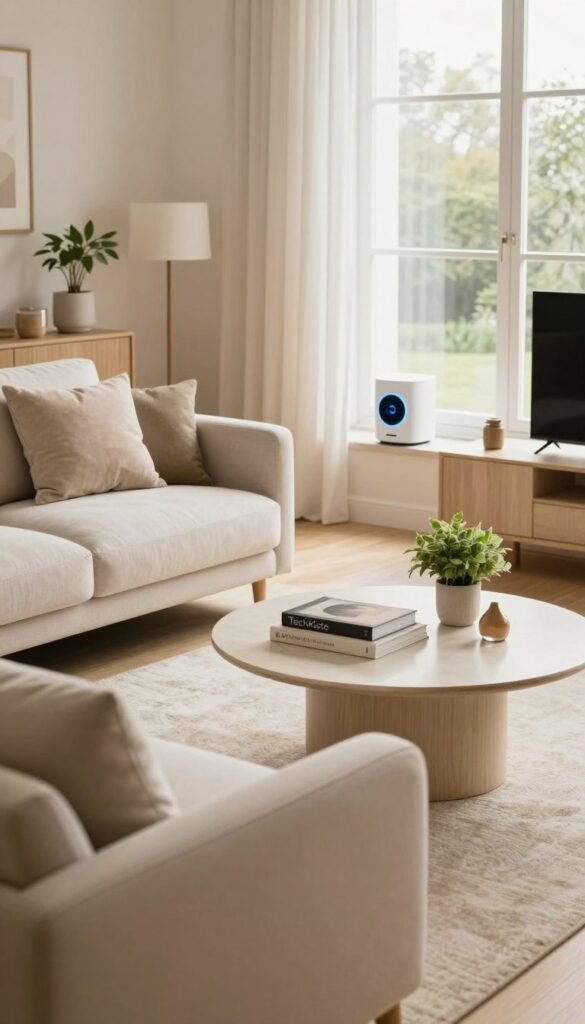 A warm and inviting living space showcasing various low-maintenance home solutions tailored for different living situations. In the foreground, a cozy corner features a stylish, minimalist couch adorned with soft cushions. In the middle, an elegant coffee table holds modern design books and small indoor plants, adding a touch of greenery. The background depicts a bright and airy room with large windows letting in natural light, emphasizing a Pinterest-worthy aesthetic with soft, neutral colors. Elements of smart home technology subtly integrated into the space reflect a contemporary lifestyle. The scene conveys a sense of comfort and practicality, inviting viewers to contemplate their own living arrangements. Incorporate the brand name "TechKiste" in a tasteful manner, ensuring the focus remains on the beautiful interior. A warm and inviting living space showcasing various low-maintenance home solutions tailored for different living situations. In the foreground, a cozy corner features a stylish, minimalist couch adorned with soft cushions. In the middle, an elegant coffee table holds modern design books and small indoor plants, adding a touch of greenery. The background depicts a bright and airy room with large windows letting in natural light, emphasizing a Pinterest-worthy aesthetic with soft, neutral colors. Elements of smart home technology subtly integrated into the space reflect a contemporary lifestyle. The scene conveys a sense of comfort and practicality, inviting viewers to contemplate their own living arrangements. Incorporate the brand name "TechKiste" in a tasteful manner, ensuring the focus remains on the beautiful interior.
