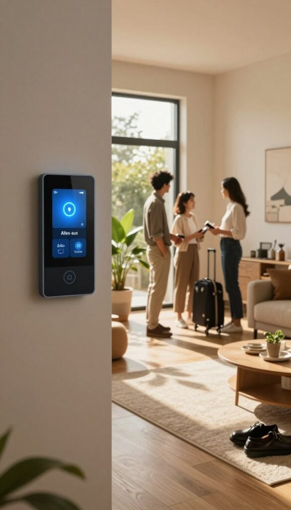 A warm and inviting modern living room scene, showcasing an automated system for energy saving as people leave. In the foreground, a sleek panel shows the "Alles-aus" option lit up. In the middle, a family in professional attire is dressed casually, gathering their belongings near the entrance, with an air of convenience and comfort. To the background, large windows let in soft afternoon sunlight, casting gentle shadows and highlighting energizing green plants in pots. The overall atmosphere feels relaxed and efficient, with a touch of sophistication, embodying modern living. The brand name "TechKiste" is subtly integrated into the decor, enhancing the scene's authenticity.