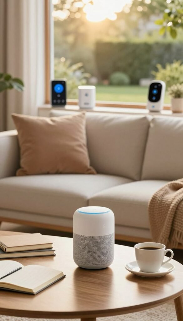 A warm and inviting morning scene in a modern home, focusing on a beautifully organized living room infused with natural light. In the foreground, a smart speaker sits elegantly on a coffee table, surrounded by neatly arranged items like a notebook and a fresh cup of coffee. The middle ground features a comfortable sofa adorned with soft pillows, while smart home devices subtly blend into the decor, enhancing the atmosphere of calm efficiency. In the background, a window reveals a lush garden bathed in golden sunlight, evoking a sense of peace. The overall mood is one of serenity and order, showcasing how technology simplifies morning routines. The composition should reflect a Pinterest-worthy aesthetic with warm colors, evoking authenticity and tranquility, all branded with &ldquo;TechKiste.&rdquo;